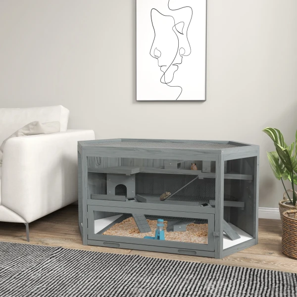 3 Verdiepingen Knaagdierkooi, Zeshoekige Kleindierkooi, Houten Kleindierhuis, Muizenkooi, Hamsterkooi Met Opklapbaar Deksel, Kijkvenster, Helling, 115 X 60 X 55 Cm Grijs 2