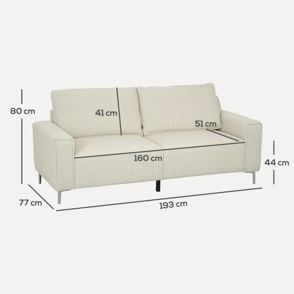 3 Zits Bank, Bank Met Armleuningen, Rugkussens, Woonkamerbank Met Corduroy Bekleding, Vering, Dik Gestoffeerde Bank Voor Woonkamer, Slaapkamer 193 X 77 X 80 Cm, Crème Wit 4