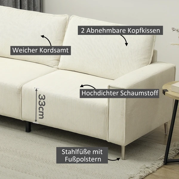 3 Zits Bank, Bank Met Armleuningen, Rugkussens, Woonkamerbank Met Corduroy Bekleding, Vering, Dik Gestoffeerde Bank Voor Woonkamer, Slaapkamer 193 X 77 X 80 Cm, Crème Wit 6