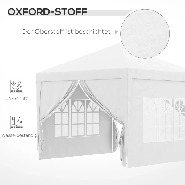 3x3m Paviljoen Met 4 Zijwanden & Ramen, Uv Bescherming, Incl. Draagtas, Staal & Oxford Stof, Wit 7