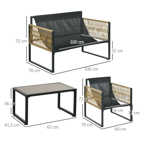 4 Delig Rattan Tuinmeubelset Met Kussens, Tuinzitgroep, 1 Glazen Salontafel, 2 Stoelen, 1 Dubbele Sofa, Elegante Zitgroep 4