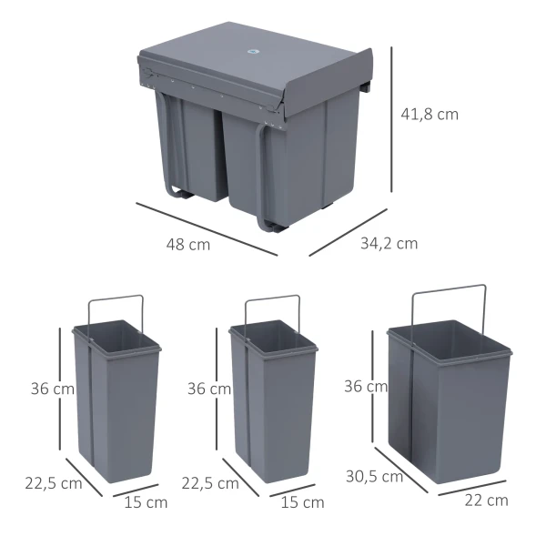 40l Inbouwvuilnisbak Uitschuifbare Vuilnisverzamelaar Met 3 Uitneembare Vakken 1 X 20 & 2 X 10 L, Voor Kasten Vanaf 400 Mm Breedte, Voor Keuken, Grijs 4