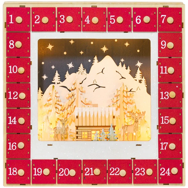 Adventskalender Om Te Vullen 24 Lades Vakken Kerstkalender Met Led Lichten Adventskalenderbox Kerstdecoratie Diy Mdf 34 X 7 X 34 Cm Rood 1