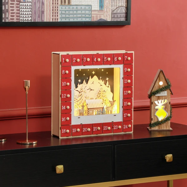 Adventskalender Om Te Vullen 24 Lades Vakken Kerstkalender Met Led Lichten Adventskalenderbox Kerstdecoratie Diy Mdf 34 X 7 X 34 Cm Rood 2