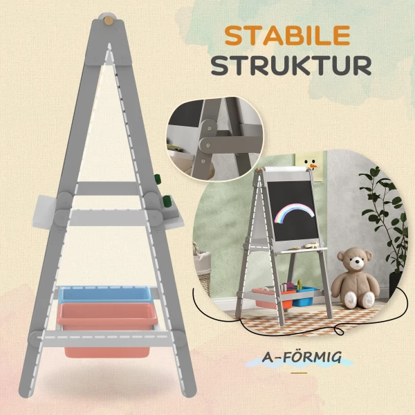 Aiyaplay 3 In 1 Kindertafel, Dubbelzijdige Kinder Ezel Met Krijtbord, Whiteboard, Ezel Met Gum, Tekenpapier, Opbergdozen, Voor Kinderen Van 3 8 Jaar, Grijs 8