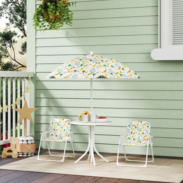 Aiyaplay 4 Delig. Kindertuinset Met Tuintafel, 2 Klapstoelen, In Hoogte Verstelbare Parasol, Kinderzitcombinatie Voor Kamperen, 2 5 Jaar Kinderen, Wit 2