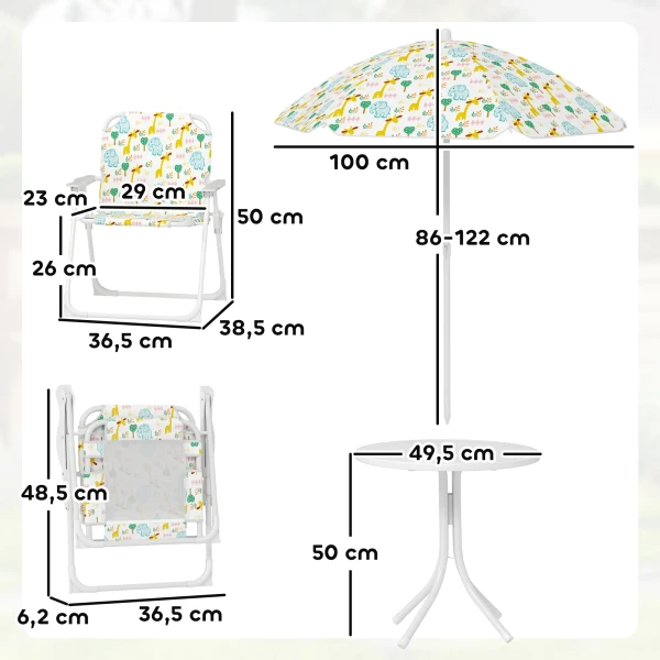 Aiyaplay 4 Delig. Kindertuinset Met Tuintafel, 2 Klapstoelen, In Hoogte Verstelbare Parasol, Kinderzitcombinatie Voor Kamperen, 2 5 Jaar Kinderen, Wit 4