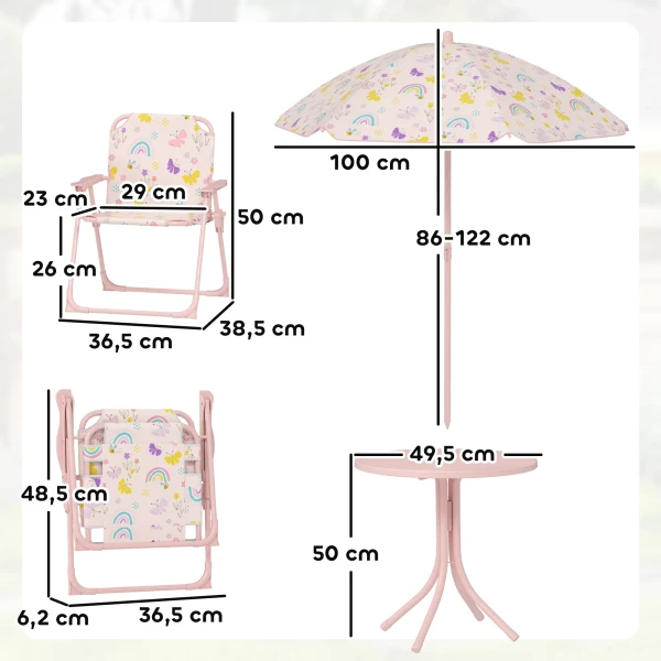 Aiyaplay 4 Delig. Kindertuinset Met Tuintafel, 2 Klapstoelen, In Hoogte Verstelbare Parasol, Kinderzitje Voor Kamperen, 2 5 Jaar Kinderen, Roze 4