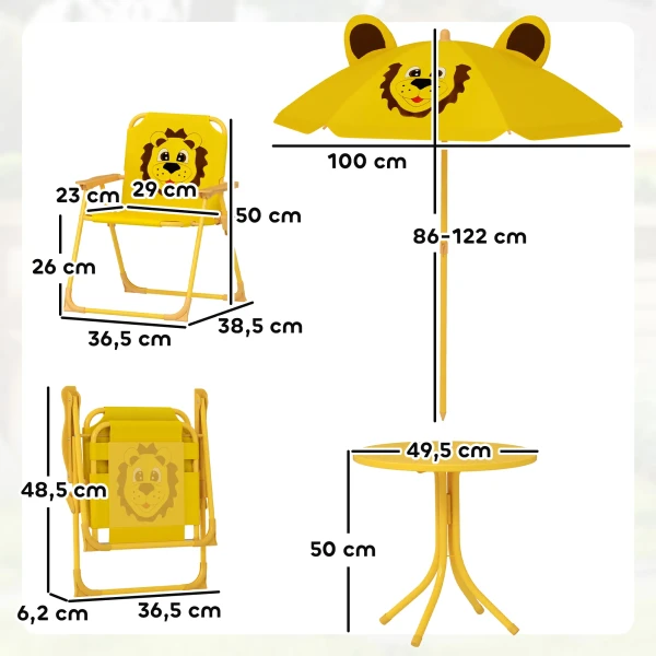 Aiyaplay 4 Delig. Kinderzitgroep Tuin Kinderzitset Met In Hoogte Verstelbare Parasol, Tuintafel, 2 Klapstoelen, Leeuw Ontwerp Voor 2 5 Jaar Kinderen, Geel 4
