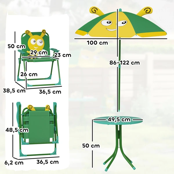 Aiyaplay 4 Delige Set Kindertuinmeubilair Met 2 Klapstoelen, In Hoogte Verstelbare Parasol, Tuintafel, Bijenpatroon Voor Kinderen Van 2 5 Jaar, Groen 4