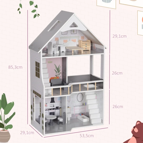 Aiyaplay Houten Poppenhuis, 3 Verdiepingen Dollhouse Met 13 Meubelstukken En Accessoires, 85,3 Cm Hoog Speelhuis Voor Kinderen Van 3 6 Jaar, Grijs 4