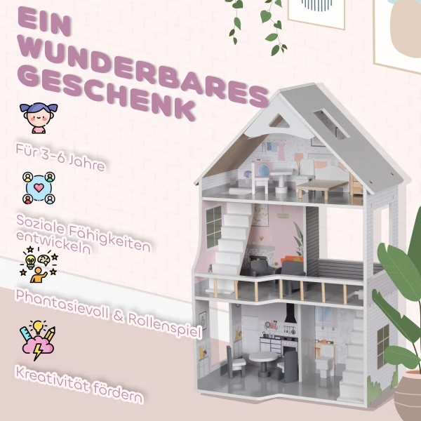 Aiyaplay Houten Poppenhuis, 3 Verdiepingen Dollhouse Met 13 Meubelstukken En Accessoires, 85,3 Cm Hoog Speelhuis Voor Kinderen Van 3 6 Jaar, Grijs 7