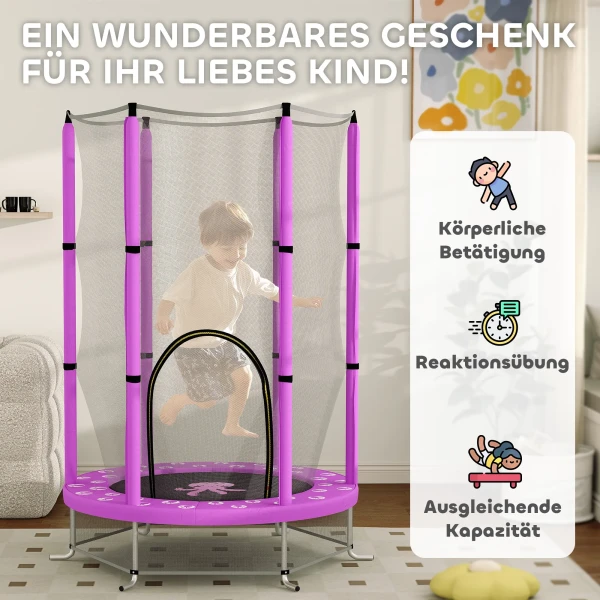 Aiyaplay Kinder Trampoline Ø140 Cm, Indoor Trampoline Met Veiligheidsnet Randafdekking Rubberen Touw, Kindertrampoline Met Deur Met Rits, Wolken Patroon, Voor Kinderen 3 6 Jaar Paars 9