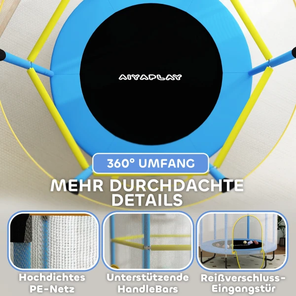 Aiyaplay Kinder Trampoline Ø140 Cm, Indoor Trampoline Met Veiligheidsnet, Rubberen Touw, Randafdekking, Kindertrampoline Met Deur Met Rits Voor 3 6 Jaar Kinderen Donkerblauw 7