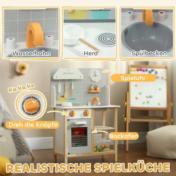 Aiyaplay Kinderkeuken Speelkeuken Met Kookplaat, Oven, Spoelbak, Klok & Planken, Poppenkeuken Met Kraan, Kookgerei Set, Accessoires Voor 3 6 Jaar Kinderen, Grijs 5