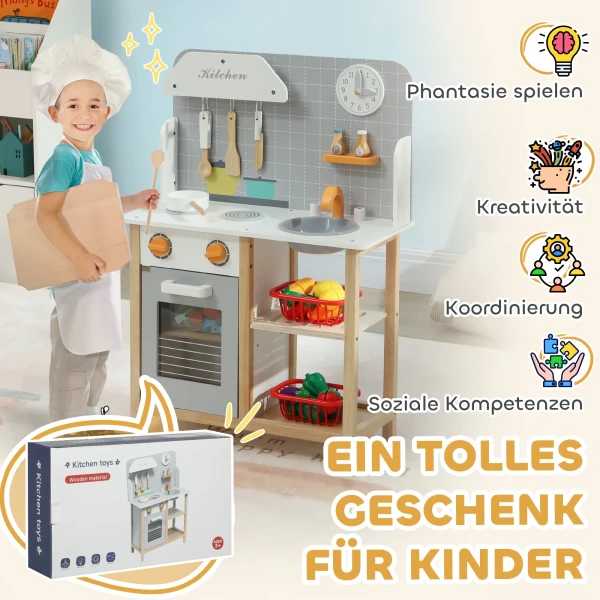 Aiyaplay Kinderkeuken Speelkeuken Met Kookplaat, Oven, Spoelbak, Klok & Planken, Poppenkeuken Met Kraan, Kookgerei Set, Accessoires Voor 3 6 Jaar Kinderen, Grijs 7