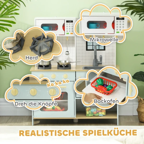 Aiyaplay Kinderkeuken Speelkeuken Met Magnetron, Fornuis, Oven En Keukenaccessoires, Poppenkeuken Met Opbergruimte Voor Kinderen Van 3+ Jaar, Blauw 5