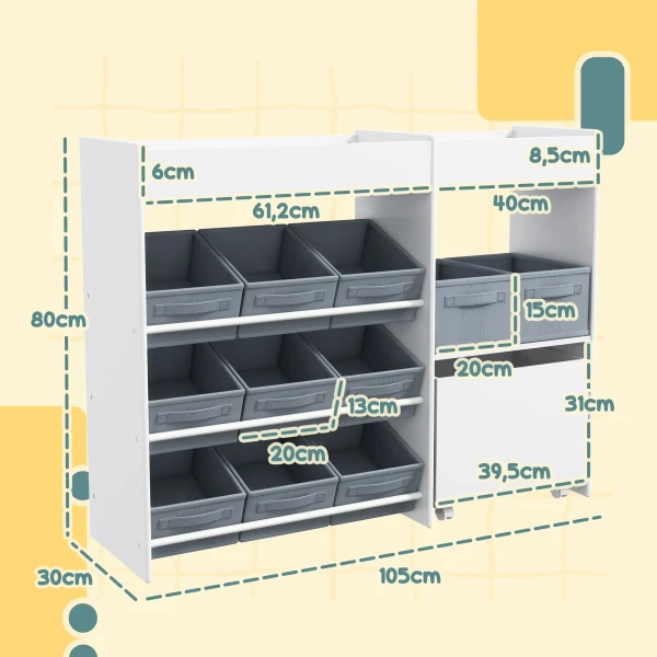 Aiyaplay Kinderrek Speelgoedrek Met 11 Stoffen Dozen, Bovenste Vakken, 3 Stickers, Kinderen Boekenrek Met Kastvak Voor Kinderkamer, Kleuterschool, 105 X 30 X 80 Cm, Wit 4