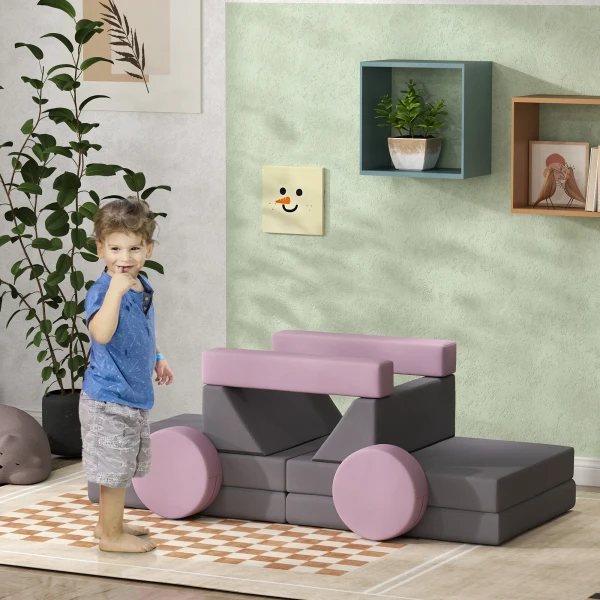 Aiyaplay Kindersofa, 12 Delige Modulaire Kindercouch Van Schuim, Zachte Bouwstenen, Speelsofa Voor Kinderen Vanaf 18 Maanden, Kinderkamer Of Speelkamer Grijs/roze 2