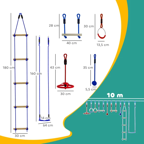 Aiyaplay Ninja Warrior Obstakelcursus Voor Kinderen 10 M Ninja Slackline Kit Met Klimladder Accessoires, Gymnastiekringen, Hangend Dienblad, Schommel, Klimstangen, Trainingsuitrustingsset Voor Kinderen 4