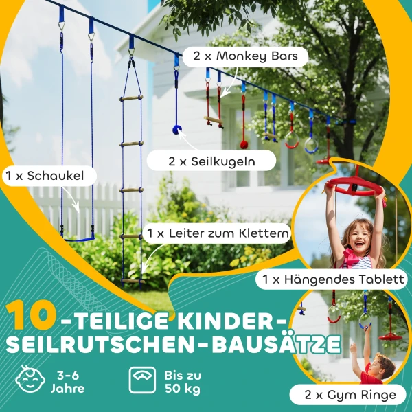 Aiyaplay Ninja Warrior Obstakelcursus Voor Kinderen 10 M Ninja Slackline Kit Met Klimladder Accessoires, Gymnastiekringen, Hangend Dienblad, Schommel, Klimstangen, Trainingsuitrustingsset Voor Kinderen 5