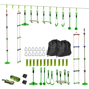 Aiyaplay Ninja Warrior Obstakelcursus Voor Kinderen 10m Ninja Slackline Kit Met Gymnastiekringen, Draaiwiel, Schommel, Klimstangen, Hangend Dienblad, Klimladder Accessoires Trainingsuitrustingsset Voor Kinderen 1