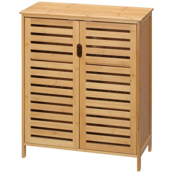 Badkamerkast Bijzetkast Met 2 Lamellendeuren, 2 Binnenplanken, Bamboe Opbergkast Voor Badkamer, Woonkamer 68 X 32 X 86 Cm Natuur 1