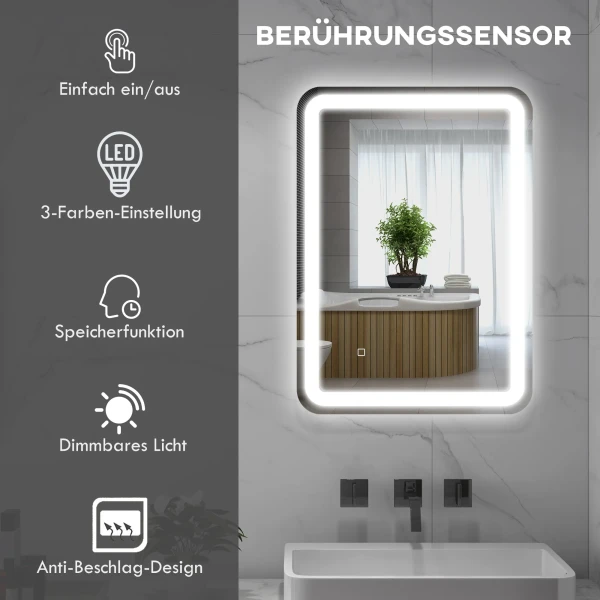 Badkamerspiegel Led 50 X 70 Cm Met 3 Lichtkleuren En Aanraakschakelaar, Ip44, Automatische Anti Condens, Geheugenfunctie, Gehard Glas Zilver 5