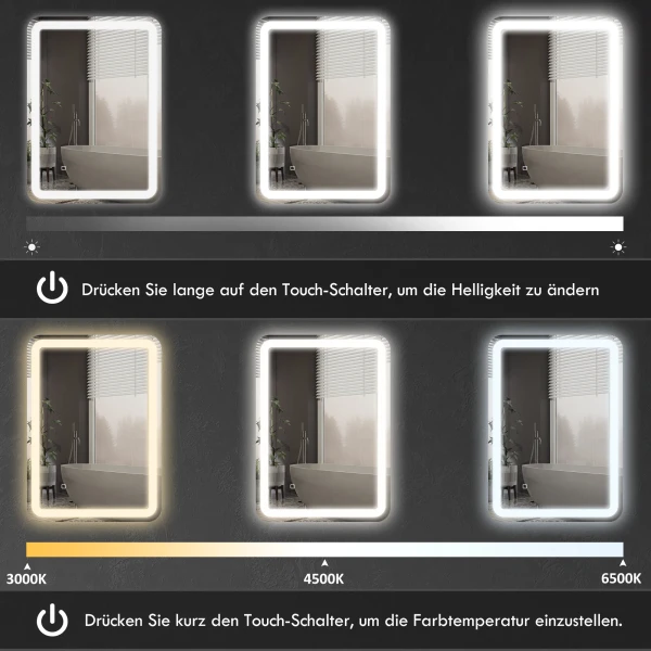 Badkamerspiegel Led 50 X 70 Cm Met 3 Lichtkleuren En Aanraakschakelaar, Ip44, Automatische Anti Condens, Geheugenfunctie, Gehard Glas Zilver 6