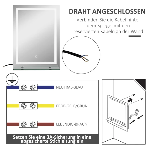 Badkamerspiegel Met Verlichting, Wandspiegel Met 3 Lichtkleuren, Ip44 Lichtspiegel Met Touch Schakelaar, Geheugenfunctie, Badkamerspiegel Gemaakt Van Aluminium, 50 X 70 Cm 7