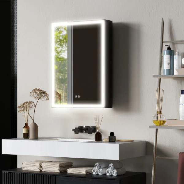 Badkamerspiegelkast, Badkamerkast Met Led Verlichting, Anti Condens, Hangende Kast Met 3 Lichtkleuren, Geheugenfunctie Voor Badkamer, Zwart, 50 X 12,8 X 70 Cm 10