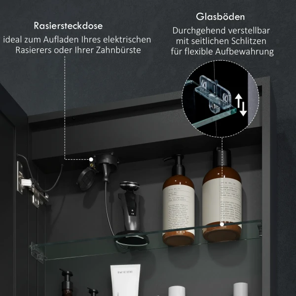 Badkamerspiegelkast, Badkamerkast Met Led Verlichting, Anti Condens, Hangende Kast Met 3 Lichtkleuren, Geheugenfunctie Voor Badkamer, Zwart, 50 X 12,8 X 70 Cm 8