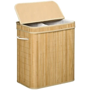 Bamboe Wasmand Met Deksel En Handvatten, 90 Liter Capaciteit Met 2 Secties En Een Afneembare Stoffen Zak 54,2 X 35,2 X 59,5 Cm 1