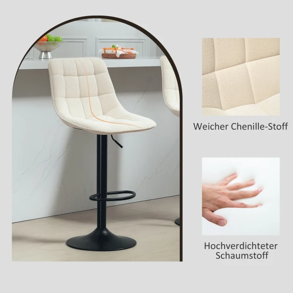 Barkrukken 2 Delig Set, Gestoffeerde Barkruk Met Rugleuning, Stalen Frame, Chenille Look, In Hoogte Verstelbare Keukenstoelen Met Voetensteun 360° Draaibare Toonbankkrukken Voor Keuken, Woonkamer Beige 8