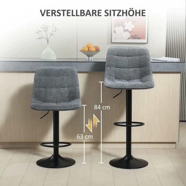 Barkrukken 2 Delige Set, Gestoffeerde Barkruk Met Rugleuning, Stalen Frame, Chenille Look, In Hoogte Verstelbare Keukenstoelen Met Voetensteun 360° Draaibare Toonbankkrukken Voor Keuken, Woonkamer Donkergrijs 6