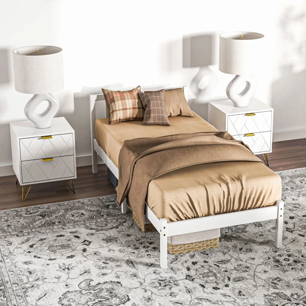 Bedframe Houten Bed 208 X 96 Cm Met Lattenbodem & Hoofdeinde, Elegant Eenpersoonsbedframe Voor Slaapkamer In Wit 10