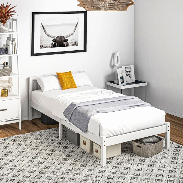 Bedframe Houten Bed 208 X 96 Cm Met Lattenbodem & Hoofdeinde, Elegant Eenpersoonsbedframe Voor Slaapkamer In Wit 2