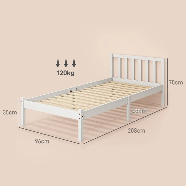 Bedframe Houten Bed 208 X 96 Cm Met Lattenbodem & Hoofdeinde, Elegant Eenpersoonsbedframe Voor Slaapkamer In Wit 4