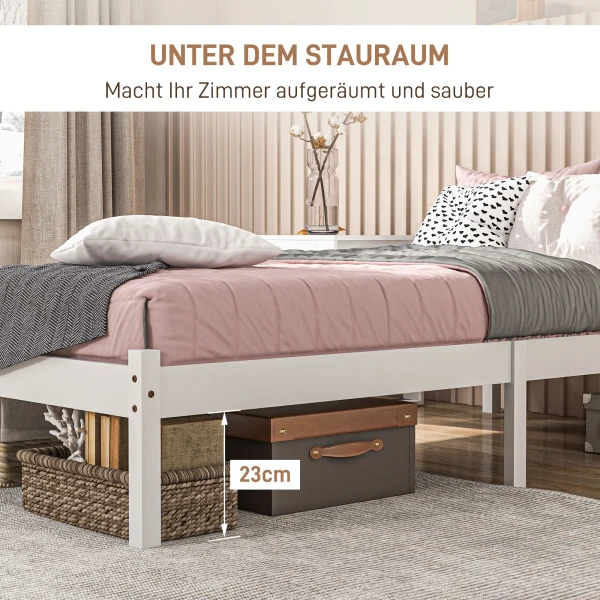 Bedframe Houten Bed 208 X 96 Cm Met Lattenbodem & Hoofdeinde, Elegant Eenpersoonsbedframe Voor Slaapkamer In Wit 5