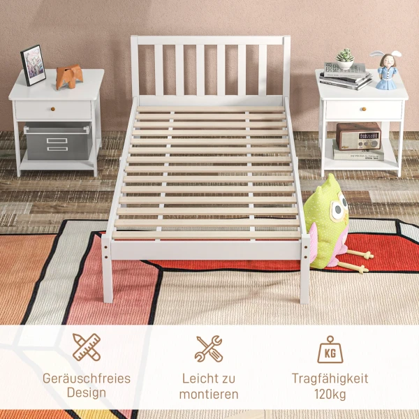 Bedframe Houten Bed 208 X 96 Cm Met Lattenbodem & Hoofdeinde, Elegant Eenpersoonsbedframe Voor Slaapkamer In Wit 6