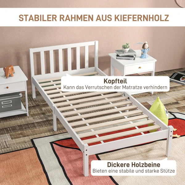 Bedframe Houten Bed 208 X 96 Cm Met Lattenbodem & Hoofdeinde, Elegant Eenpersoonsbedframe Voor Slaapkamer In Wit 7