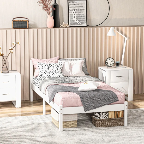 Bedframe Houten Bed 208 X 96 Cm Met Lattenbodem & Hoofdeinde, Elegant Eenpersoonsbedframe Voor Slaapkamer In Wit 8