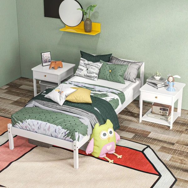 Bedframe Houten Bed 208 X 96 Cm Met Lattenbodem & Hoofdeinde, Elegant Eenpersoonsbedframe Voor Slaapkamer In Wit 9