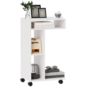 Bijzettafel Salontafel Op Wielen, Bureau Met 4 Planken, Sofatafel Laptoptafel, Bedtafel, Voor Eetkamer Woonkamer, Wit 1