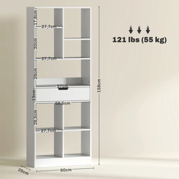 Boekenkast Staande Kast Met 9 Planken, 1 Lade, Opbergkast Met Anti Kantelbeveiliging, Kantoorrek Voor Woonkamer, Kantoor, 60 X 26 X 158 Cm, Wit 4