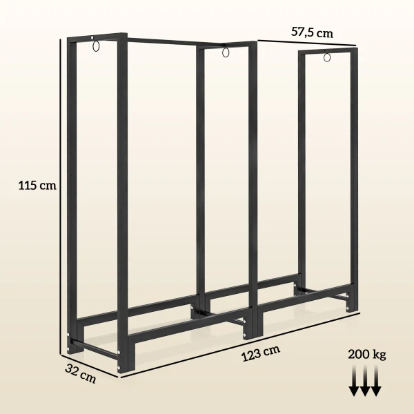 Brandhoutrek 123 X 32 X 115 Cm Brandhoutrek Met Twee Secties, Drie Haken, Brandhoutrek Voor Buiten, Binnen, Tot 200 Kg, Staal, Zwart 4