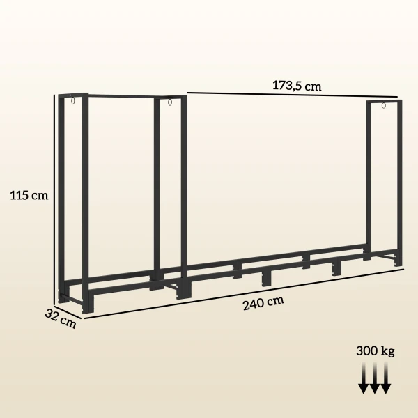 Brandhoutrek 240 X 32 X 115 Cm Brandhoutrek Met Twee Secties, Drie Haken, Brandhoutrek Voor Buiten, Binnen, Tot 300 Kg, Staal, Zwart 4