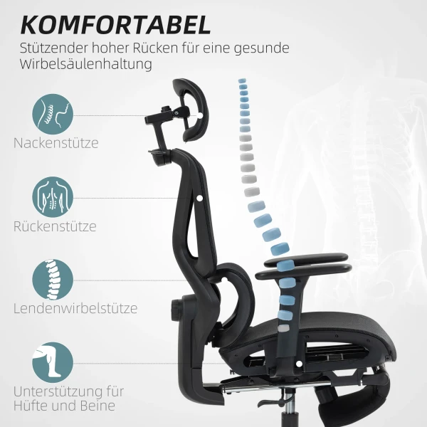 Bureaustoel Ergonomische Bureaustoel Met 3d Armleuning, Lendensteun, Hoofdsteun, Verstelbare Hoogte Mesh Draaistoel Met Kantelfunctie, Kledinghanger, Ligfunctie, Voetsteun Zwart 5