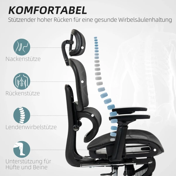 Bureaustoel Ergonomische Bureaustoel Met Armleuning, Hoofdsteun, Lendensteun, In Hoogte Verstelbare Mesh Draaistoel Met Kantelfunctie, Ligfunctie, Voetensteun Zwart 5