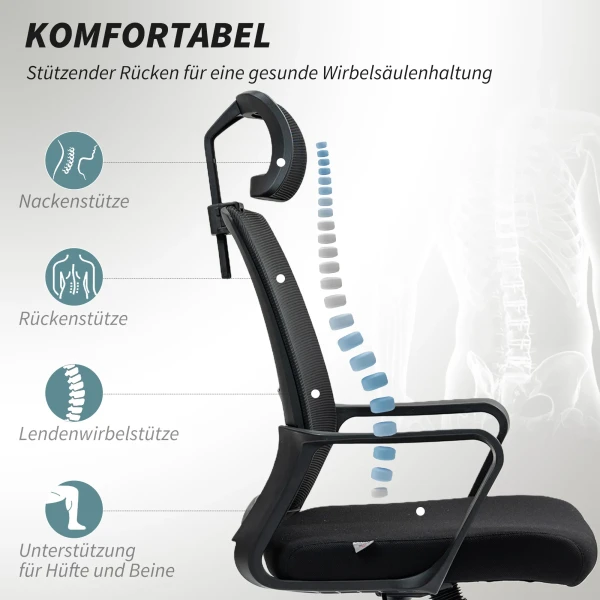 Bureaustoel Ergonomische Bureaustoel Met Armleuning, Verstelbare Hoofdsteun, In Hoogte Verstelbare Mesh Draaistoel Met Kantelfunctie, Zwart 5